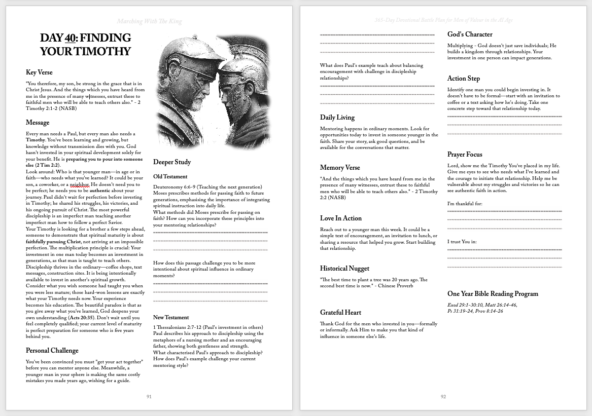 Inside Marching with the King — Day 40 devotional spread, Finding Your Timothy